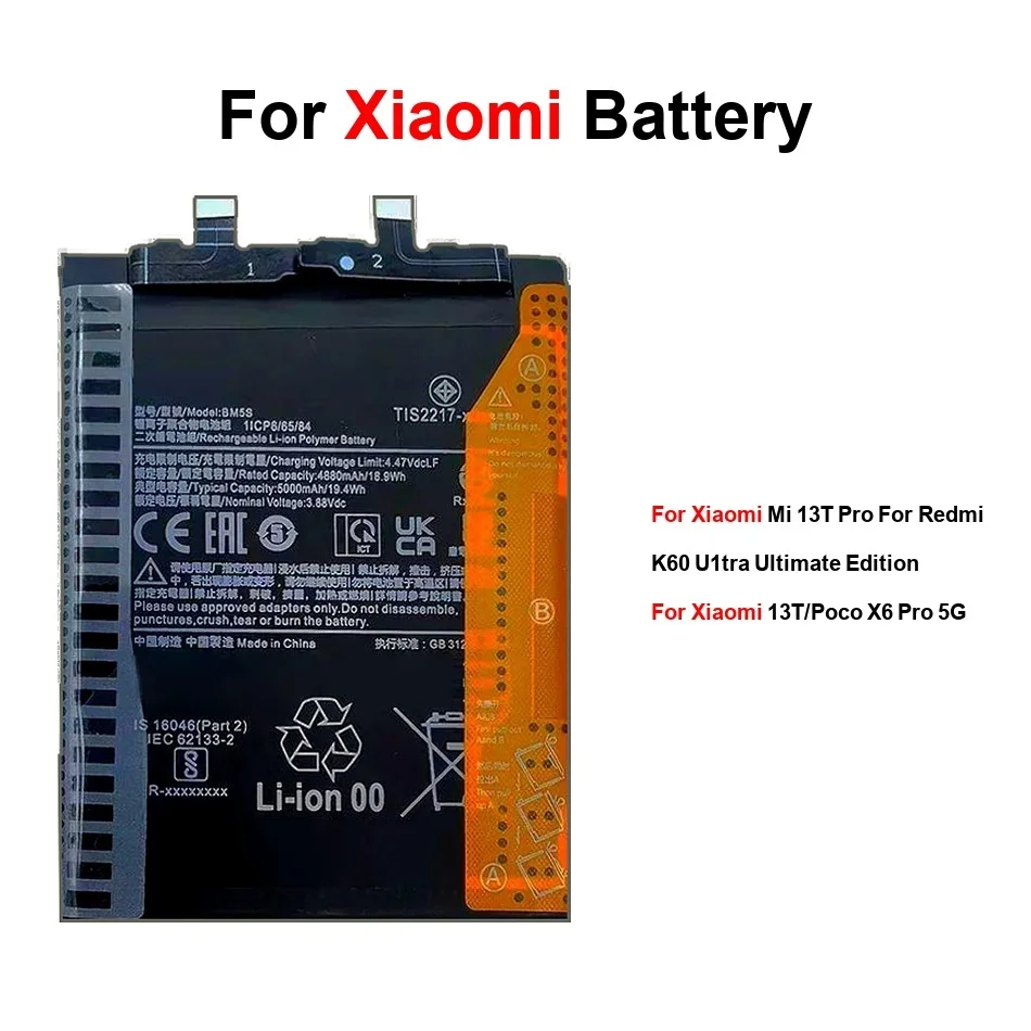 

Mobile Phone Battery Long-Lasting BM5S 5000Mah For Xiaomi 13T 13TPOCO MI Pro 5G