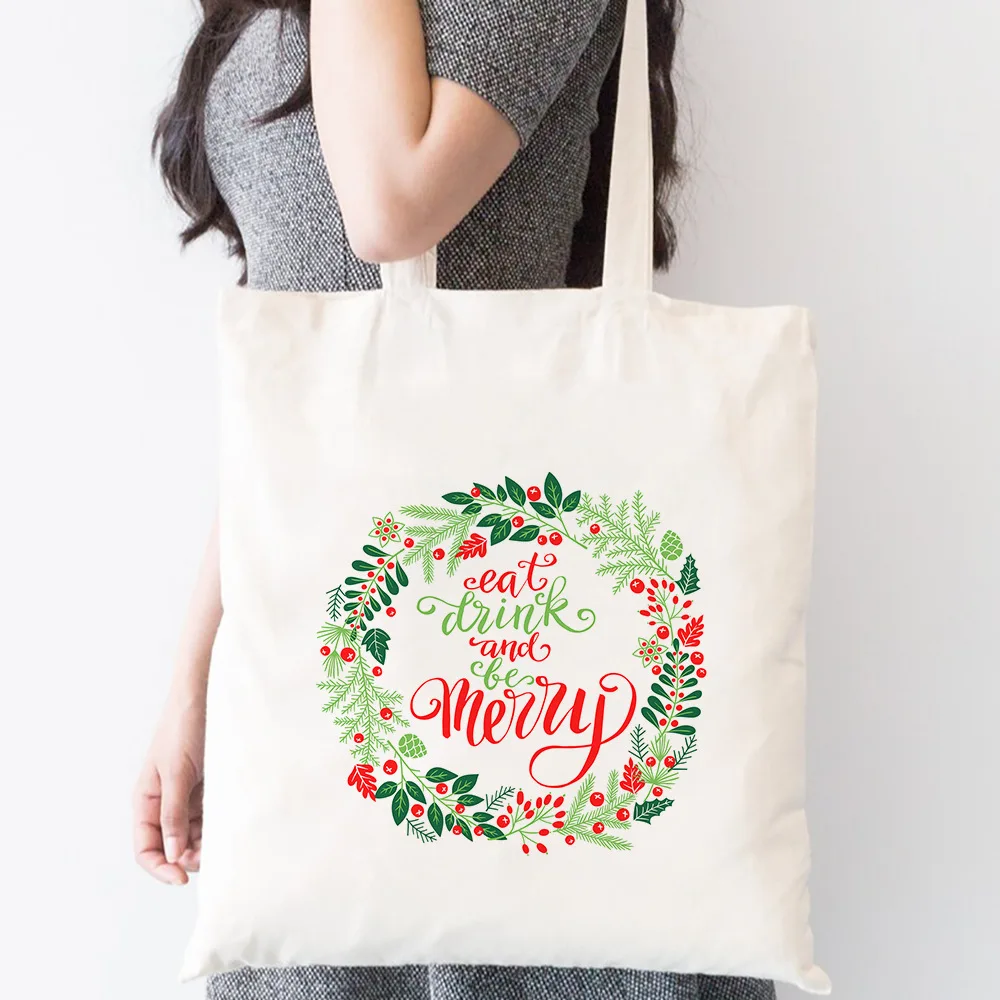 المرأة قماش حمل حقيبة كتف عيد ميلاد سعيد سنة جديدة سعيدة جرس ندفة الثلج إكليل الرنة نمط احتفالي حقيبة يد للسيدات #3