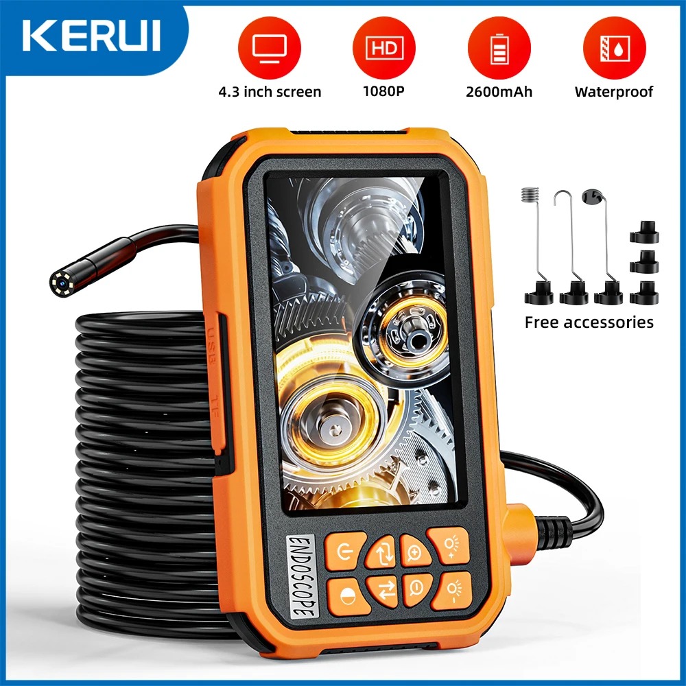 KERUI 4.3 بوصة IPS شاشة المنظار 8 مللي متر واحد مزدوج ثلاثي التركيز التلقائي كاميرا HD 1080P IP67 مقاوم للماء Borescope لإصلاح الأنابيب سيارة