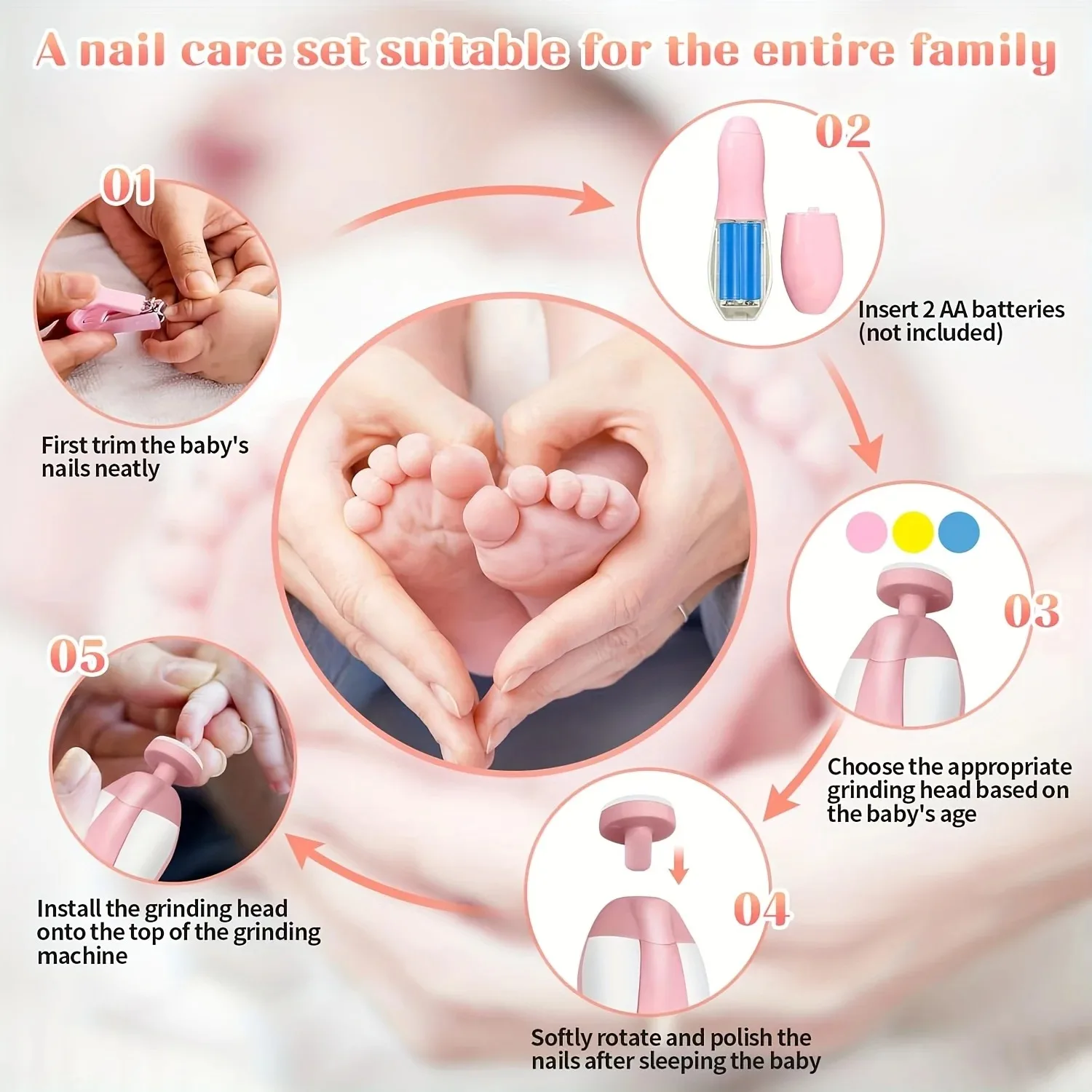 ชุดตัดเล็บเด็ก 24-in-1 – เครื่องตะไบเล็บไฟฟ้าและอุปกรณ์ตัดผมสำหรับทารกแรกเกิด