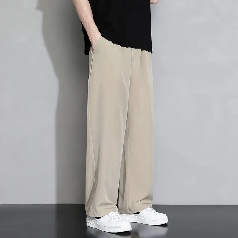 2023 Men's Clothing Sports Solid Color Office Elastic Waist Loose Man Straight Fashion Casual Thin Spring Summer Pockets Pants
