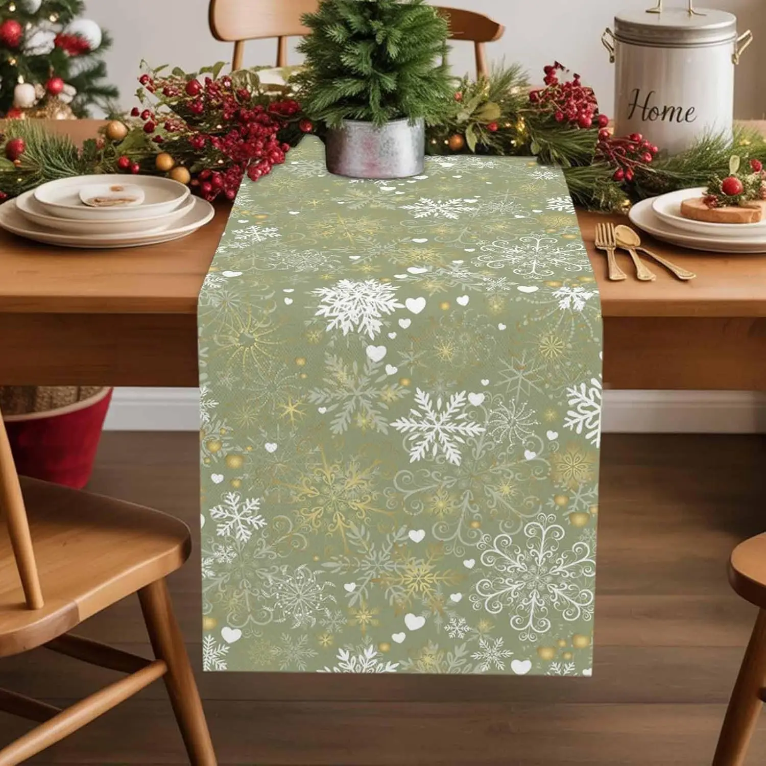 Christmas Golden White Snowflake Linen Table Runner Party Decor Winter Holiday Kitchen Dining Table Runner Christmas Decorations