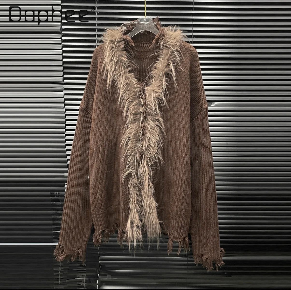 الكورية شيك العصرية الفراء طوق المرقعة محبوك سترة المرأة فضفاضة الموضة الراقية الخامس الرقبة طويلة الأكمام سترة الخريف الشتاء