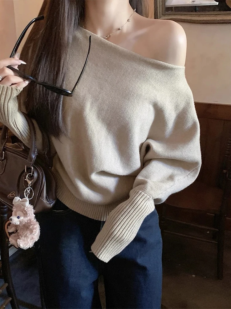 موضة الصلبة قبالة الكتف بلوفر مغزول المرأة عادية قارب الرقبة طويلة الأكمام فضفاضة البلوفرات سيدة الخريف تخفيف الشارع ارتداء