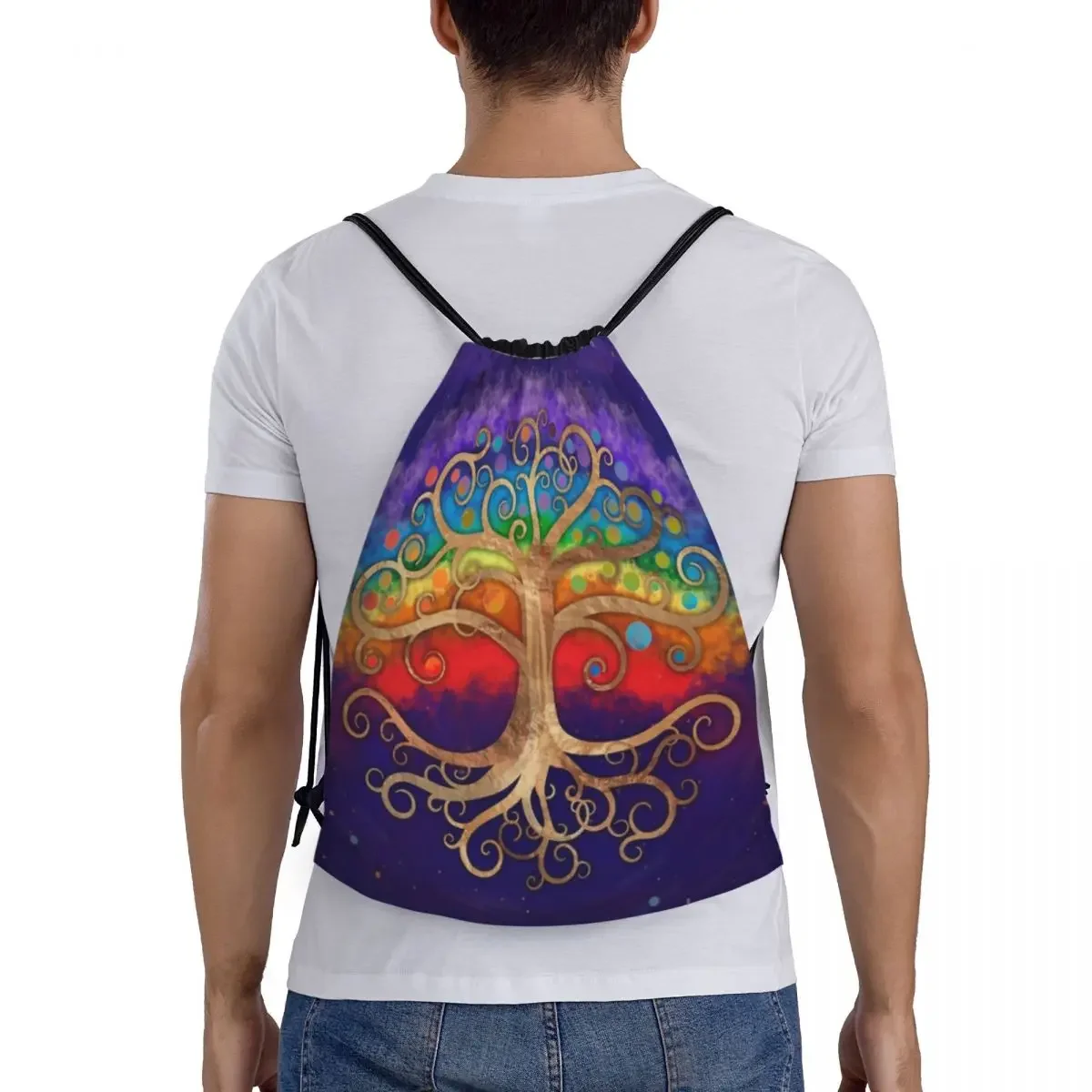 Mochila de cordão Tree of Life para homens e mulheres, bolsa esportiva, redemoinho dourado e arco-íris, pacote de compras Vikings