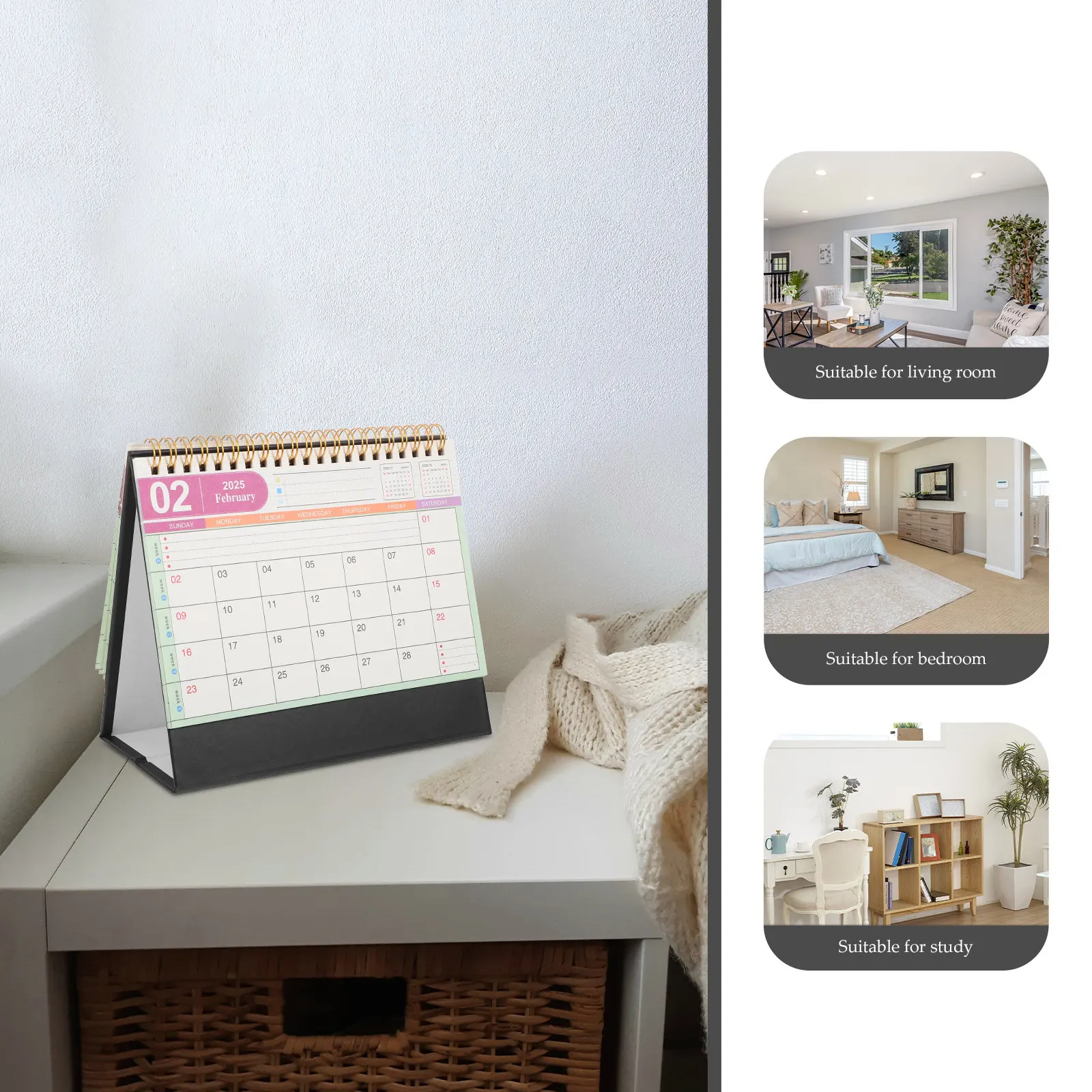 

2025 Desktop Calendar Standing Flip Design Metal Ring Bound Tabletop Calendar for Office Home Management Tool