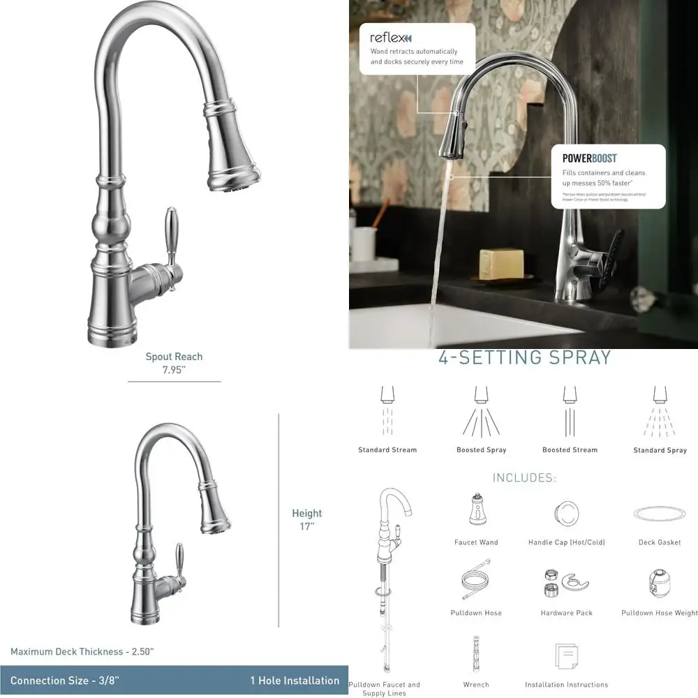 

Moen S73004 Weymouth Pull-Down Kitchen Faucet with Metal Wand and Power Boost, Chrome Finish