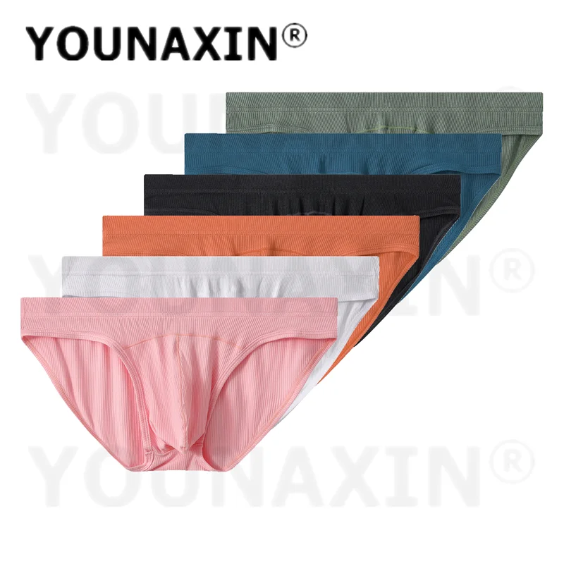 6 Pieces Men's Low Waist Ribbed Briefs Sexy Bulge Pouch Underwear Solid Color Breathable Comfort Soft Panties For Men M-2XL