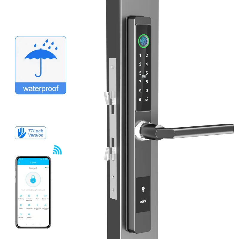 Slim Fingerprint Electronic Door Lock Waterproof Ttlock App Password Key Unlock Rfid Smart Lock To Aluminum Door English Version