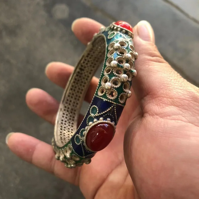 hand jewelry, Miao ethnic silver inlaid with cloisonné gemstones, patterned bracelet