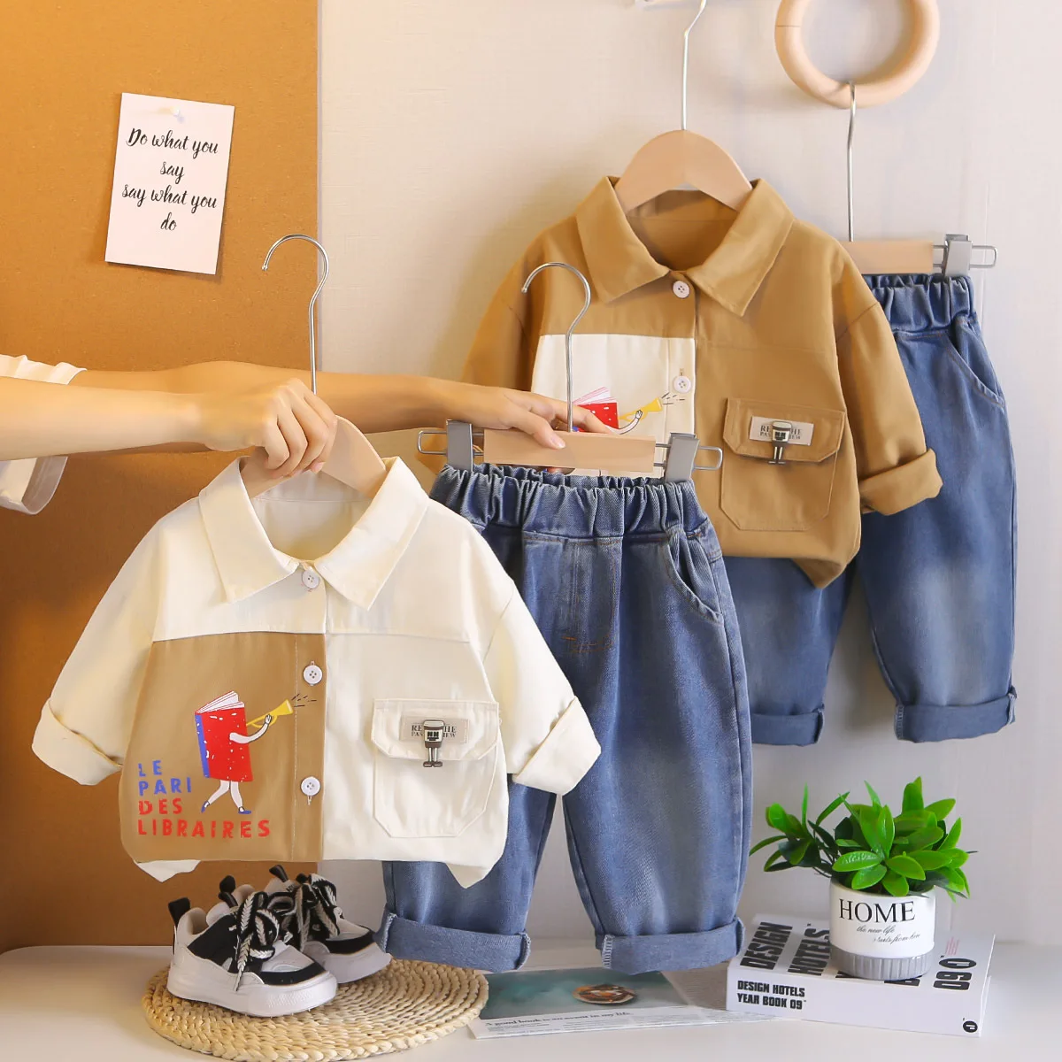

2025 Autumn Boys Set Fashionable Toddler Outfit 2-Piece Color Block Work Shirt & Pants Korean Style Casual Loose Fit for Kids