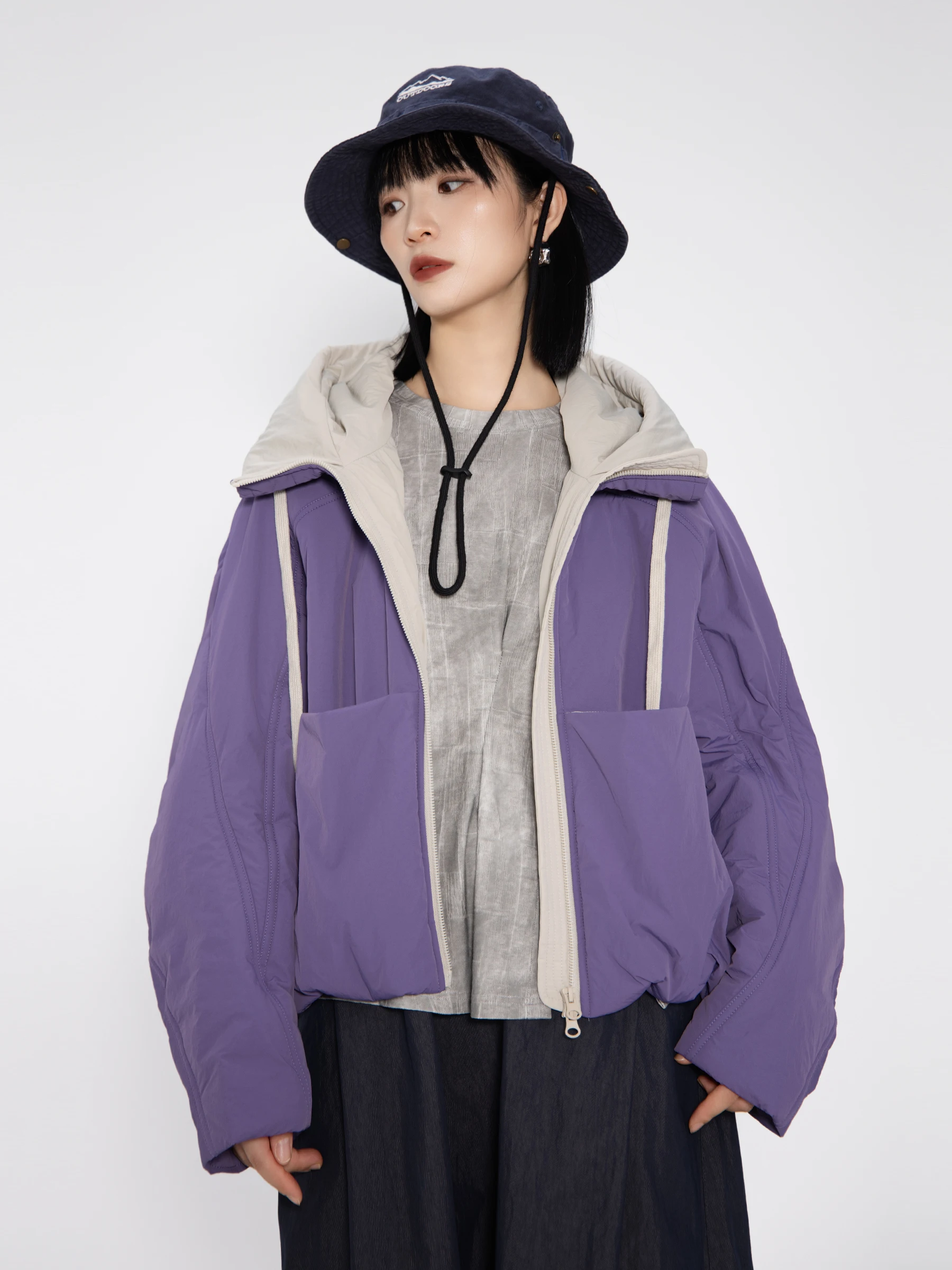 

Book Ru Wool Cotton Jaet Women's Loose Fit Hooded Patchwork Color Blo Thiened Long Sve Zipper Closure Casual Coat