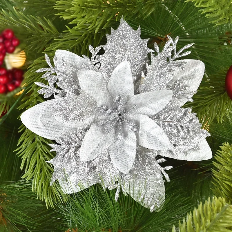 10/5 pz 15 cm Glitter Fiori Di Natale Artificiale Poinsettia Testa di Fiore Albero di Natale Ornamento Decorazione Della Casa Navidad capodanno