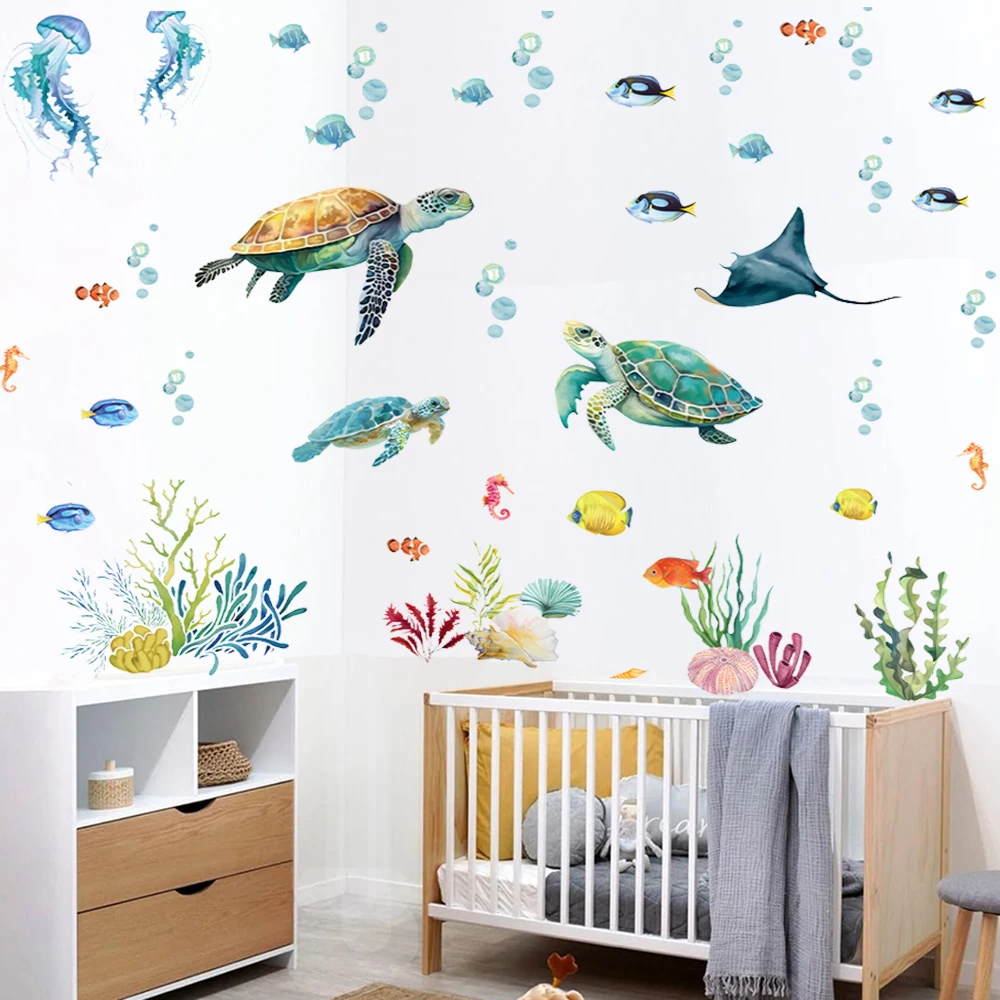 Under The Sea Turtle Wall Stickers Seaweed Fish Ocean Animal Grass Wall Decals Bathroom Living Room Bedroom Wall Decor