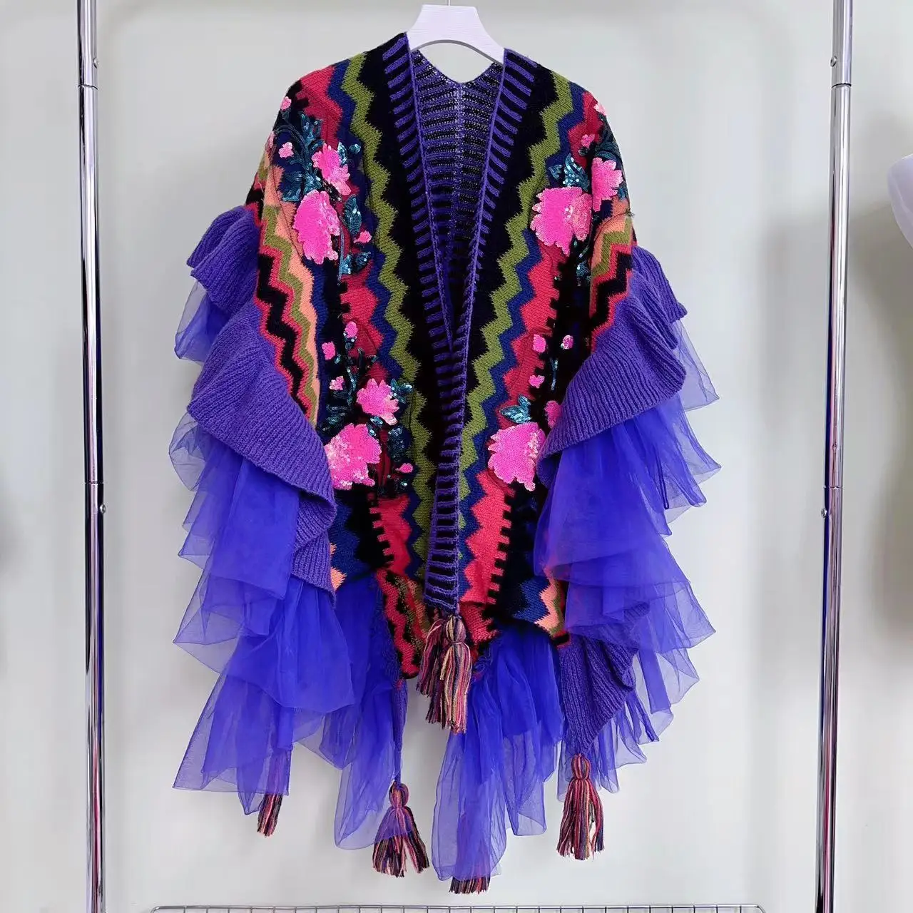 Purple Coat With Lotus Sleeves Fashion High-end Designer Trend Embroidery Scarf Shawl Cape Overlay In Autumn Daily Wear Top