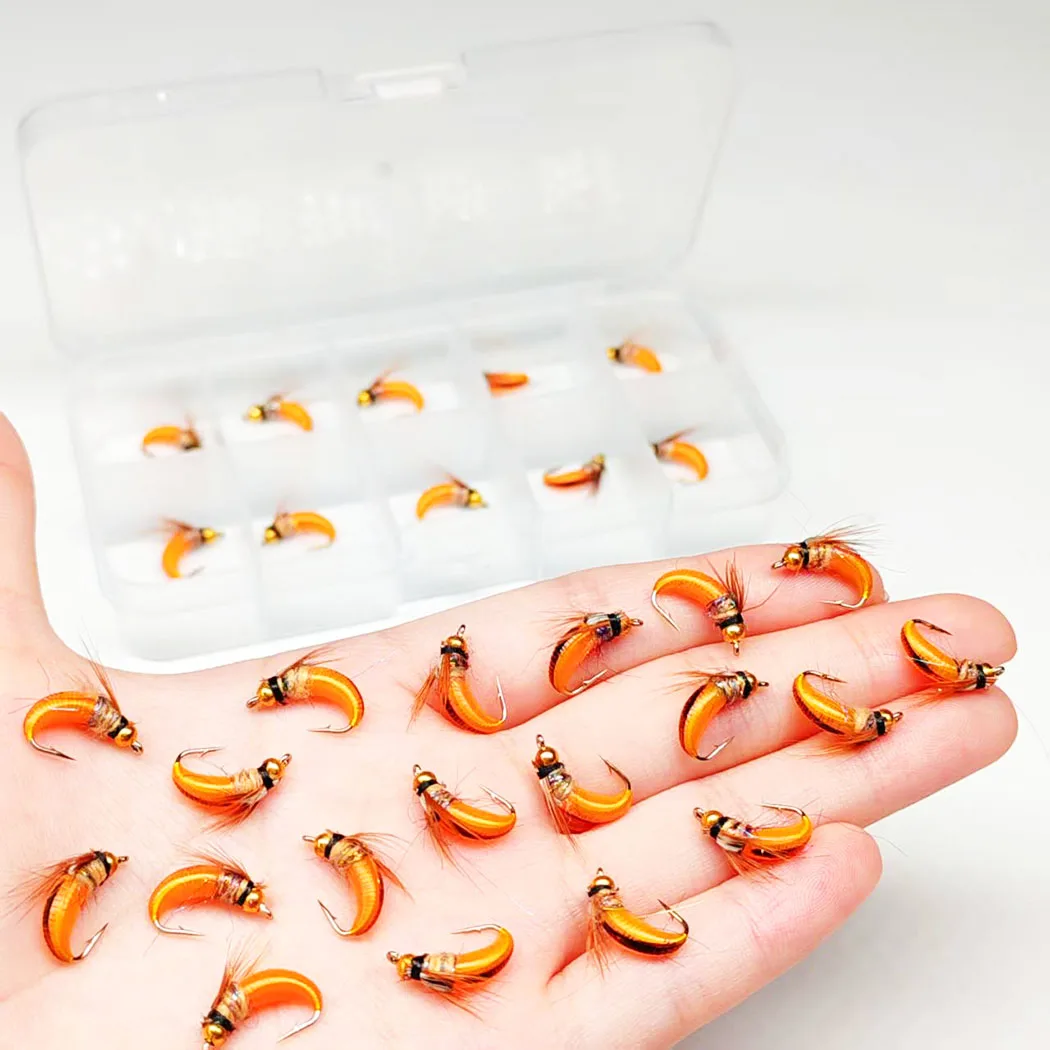 10 Stück-mit Fliegenbox Fliegenfischen Fliegen Künstlicher BeadHead Nymphe Orange Trockenfliegen Köder zum Angeln Forellen Nymphenköder – Detail 3