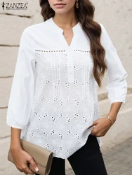 ZANZEA Elegant Work Blouse Women Fashion 3/4 Sleeve Lace Crochet Shirt Casual V Neck Blusas Bohemain Stylish Holiday Tops Tunic