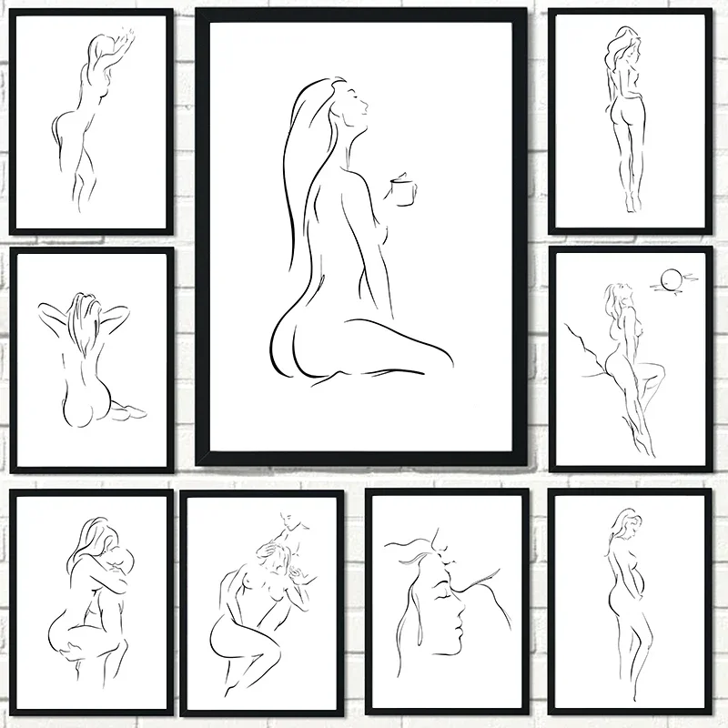 Minimalist Style Sexy Couple Wall Art Canvas Painting Line Drawing Couple Hand Love Kiss Posters And Prints Pictures Home Decor