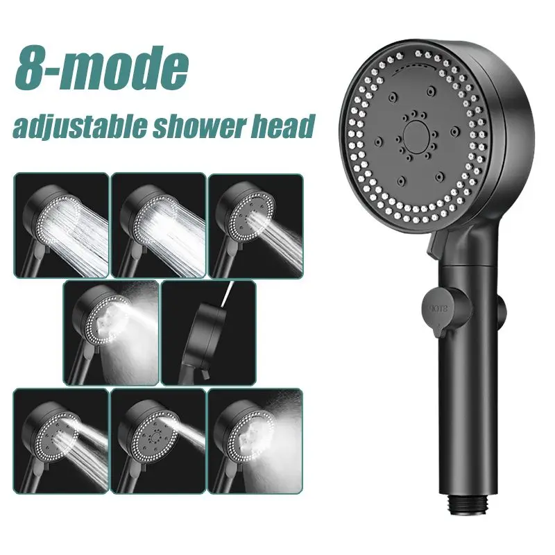 8 Modes High-Pressure Shower Head Fall Resistance Black Handheld Shower Head Water Saving Bathroom Shower Accessories