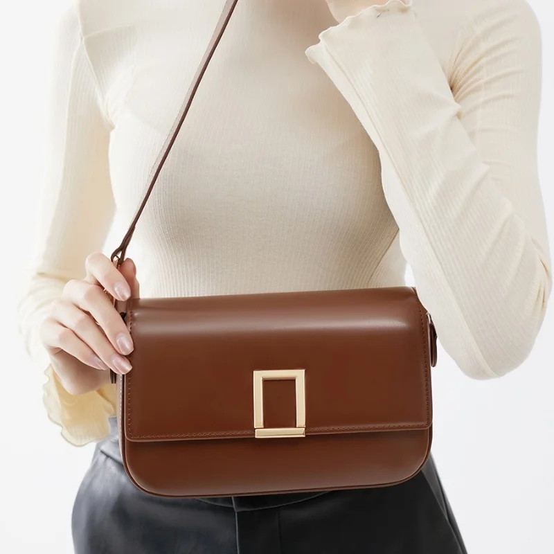 New Niche Natural Leather Small Square Bag  Sense Luxury and Versatility One Shoulder Crossbody 2 Heels and Shoulder Straps