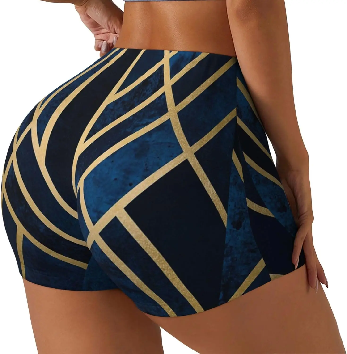 Abstrakcyjne geometryczne szorty sportowe damskie w paski, elastyczne, bezszwowe, z wysokim stanem, idealne na siłownię i do jogi na lato.