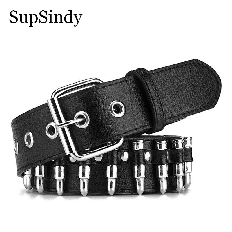 

SupSindy Women Leather Belt Punk Bullet Rivet Pin Buckle Luxury Belts for Men Jeans Waistband Rock Motorcycle Hip Hop Male Strap