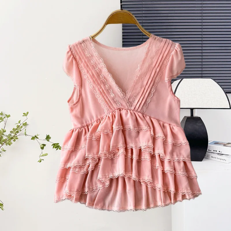 

New,European,Clothes,Blouse,Chic,Sexy,V-Neck,Patchwork,Lace,Ruffles,Women,Sleeveless,Shirt,Casual,Irregular,Pullover,Tops,57008