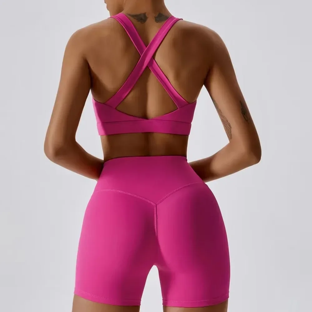 Conjunto de pantalones cortos de yoga de 3 piezas para mujer, pantalones de cintura alta, chaqueta con sujetador deportivo, traje de fitness, ropa