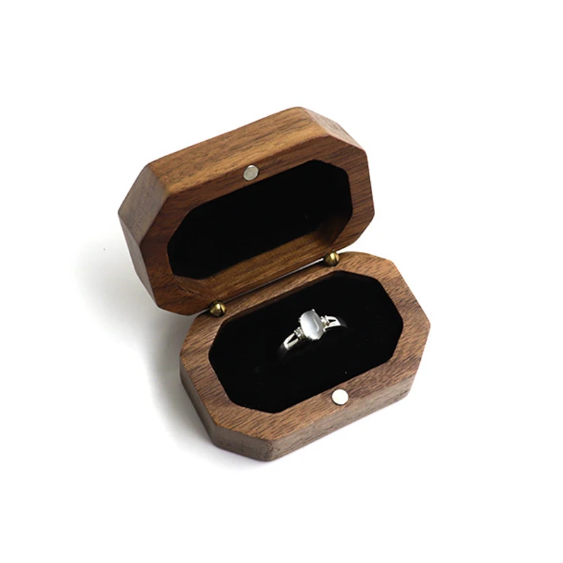 Walnut Wood Jewelry Box Rustic Wedding Ring Box Portable Ring Storage Holder For Wedding Engagement Proposal Gift Home Display