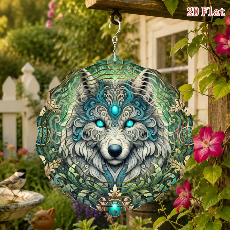 2D Flat Fierce Wolf Pattern Metal 3D Rotating Wind Chime with Rotating Hook, Suitable for Outdoor Gardens and Patios Decoration