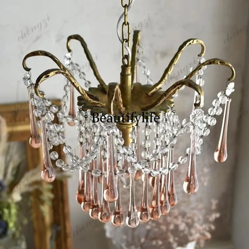 E182 French retro, pink water drop glass lamp, all copper restaurant study tea room cloakroom crystal chandelier