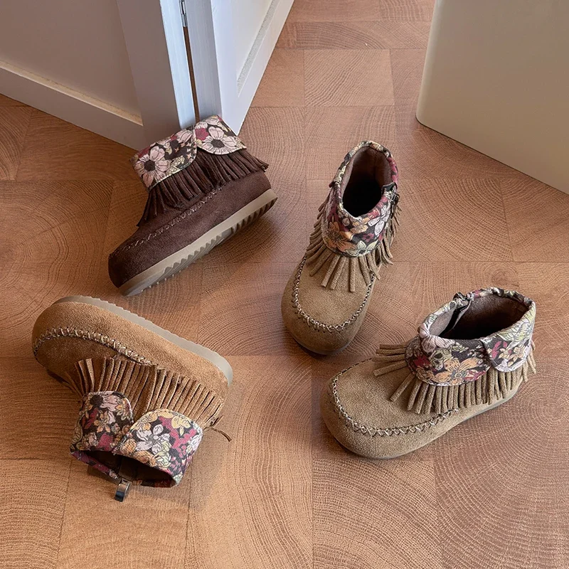 Kids Girls Boho Floral Fringe Winter Boots, Faux‑Suede Fleece‑Lined Side Zipper Soft Sole Boots