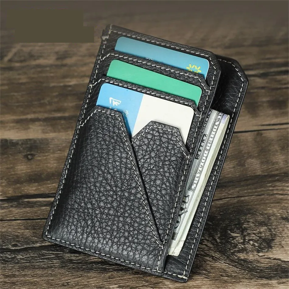 Cow Leather RFID Card Holder Multifunctional Zipper Wallet Credit ID Card Case Small Mens Coin Purse Black