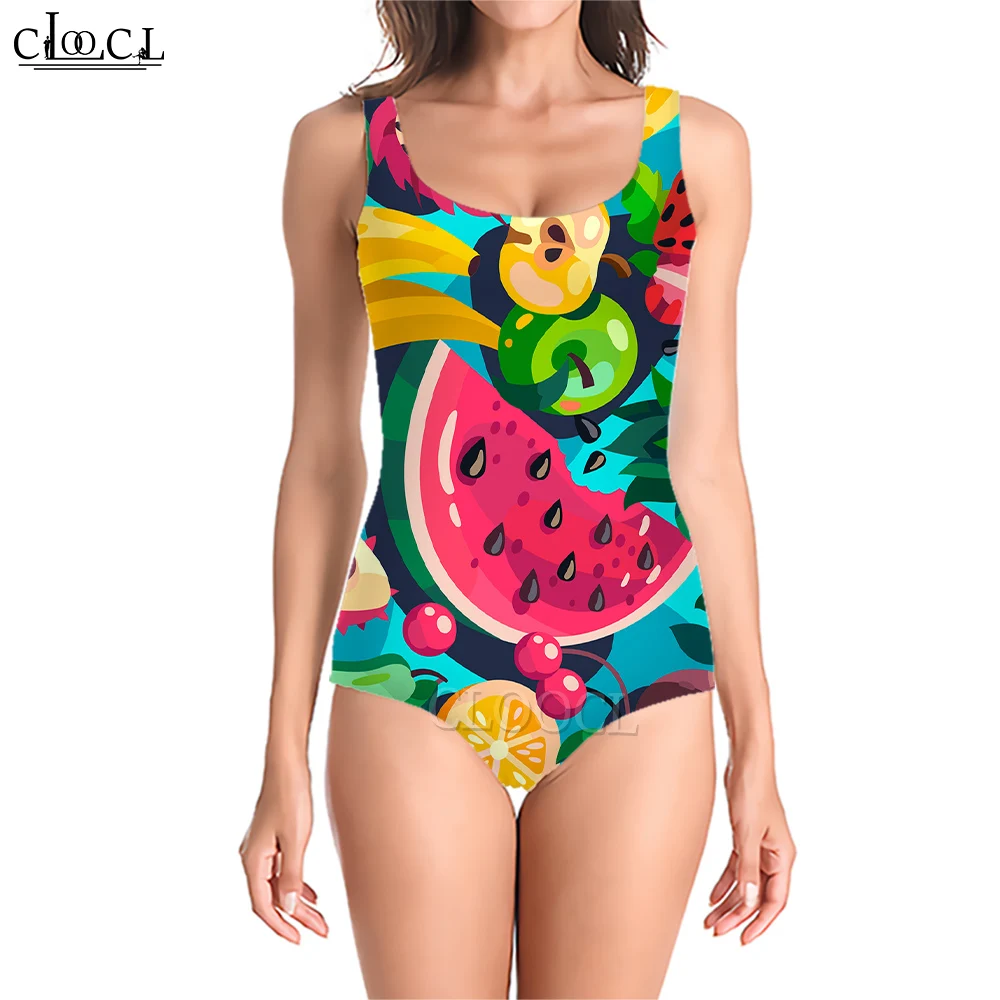 

CLOOCL Harajuku Swimsuit for Women Watercolors Fruit Print Bathing Suit Monokini Sleeveless Cooling Swimming Wear