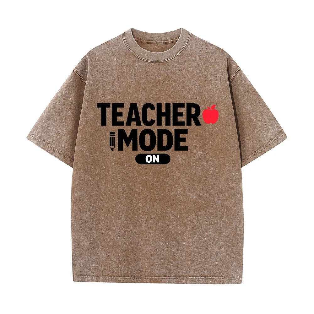 Man Tshirt Teacher Mode On Quote With Apple And Pencil Icon Printing Men Heavyweight T-Shirt トップス TシャツFunny Poleras De Hombre