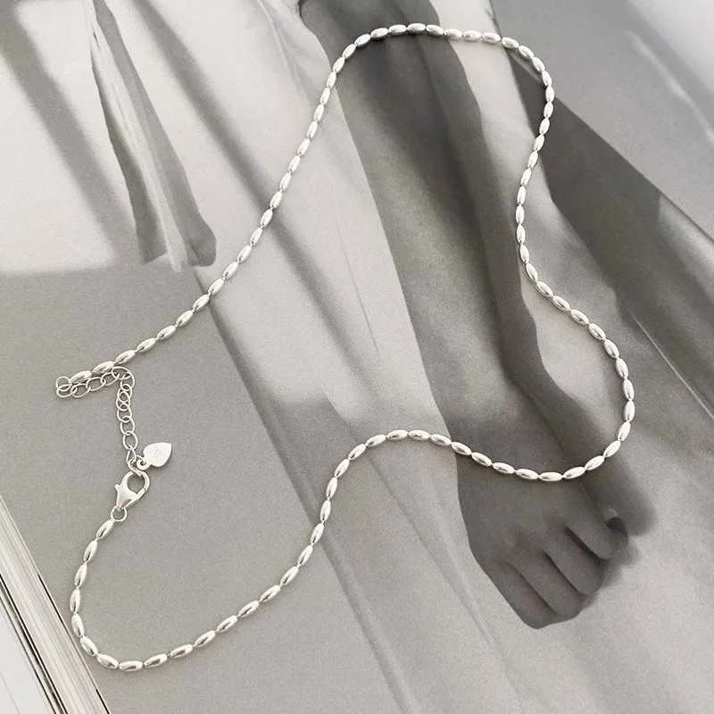 Silver Color Stacked Rice Grain Olive Beads Chain Necklace for Women Exquisite Simple Collarbone Chain Jewelry Gift