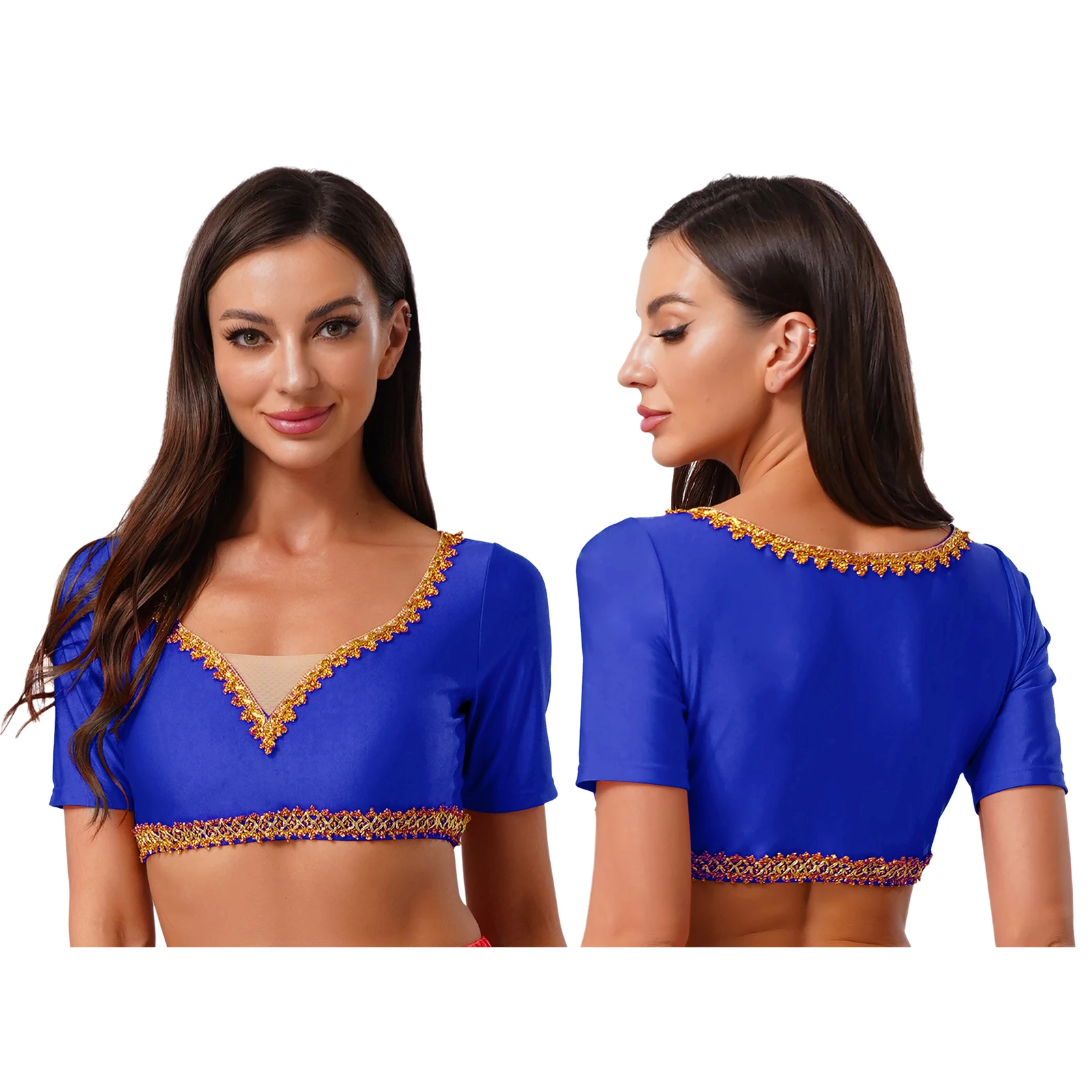 Costume da danza del ventre da donna Top camicetta corta con finiture dorate luccicanti Abbigliamento da pratica a maniche corte traspirante per danza indiana del Medio Oriente