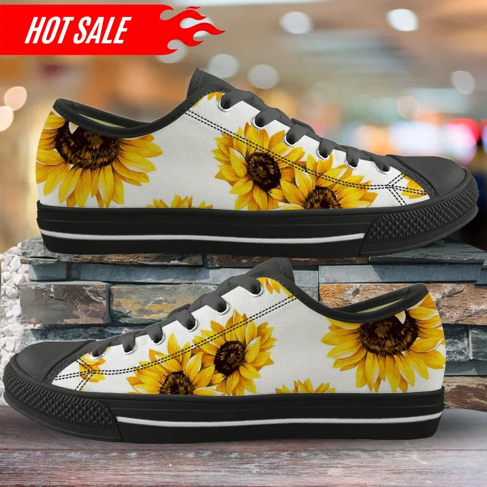 Sneakers for Woman Beautiful Yellow Flower Sunflower Low Top White & Black Canvas Shoes Designer Lady Shoes Zapatos Para Mujeres