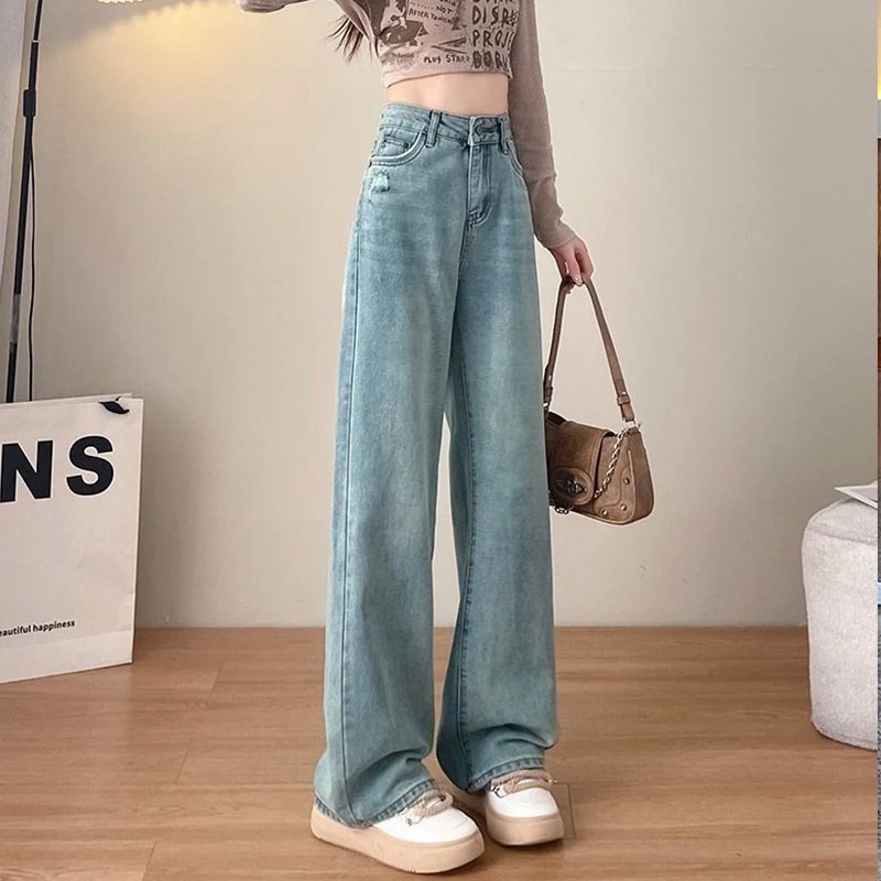 2024 Spring New Jeans for Women Wide Leg Pants with Holes and High Waisted Jeans Loose Straight Leg Pants