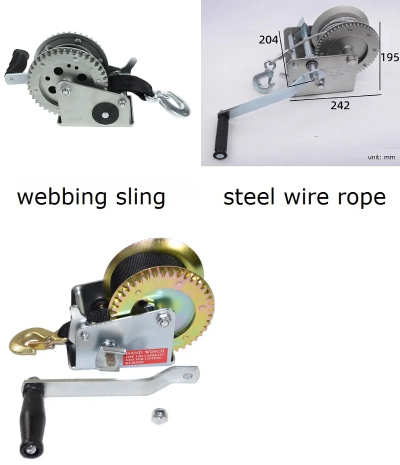 

1200lb-3200lbx6.3M-10M Heavy duty hand winch for Yacht motorboat trailer towing wire rope truck auto hook portable manual winch