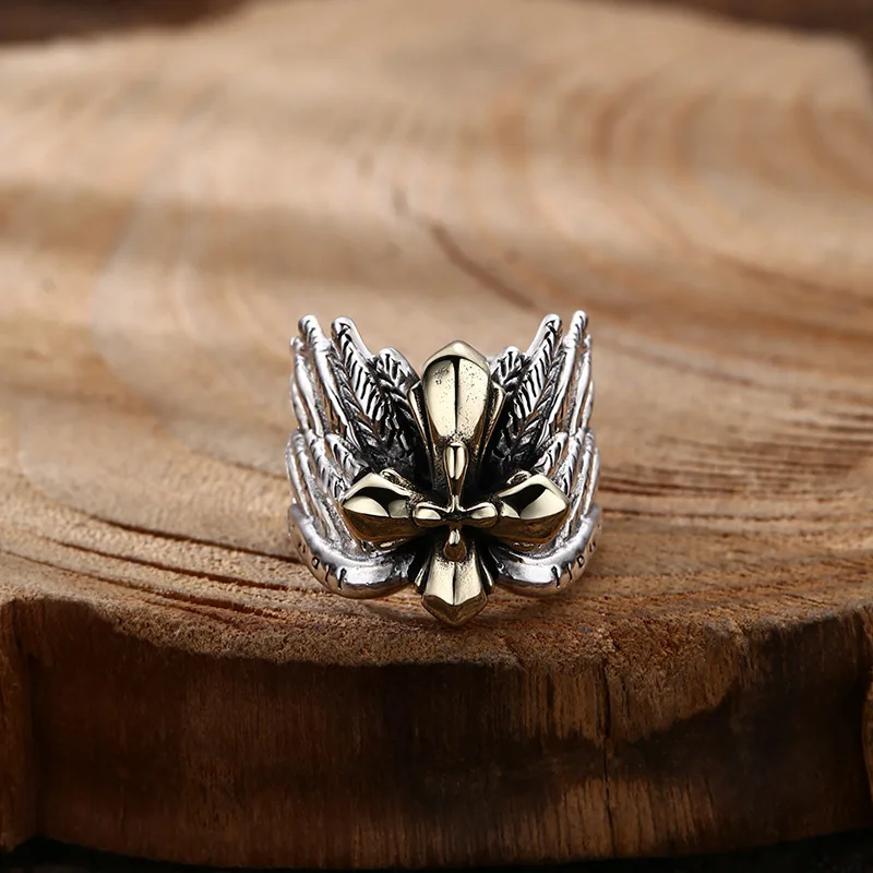 Wholesale 925 sterling silver ring wings feather cross ring ring ring opening Thai silver retro trendy personality ornament