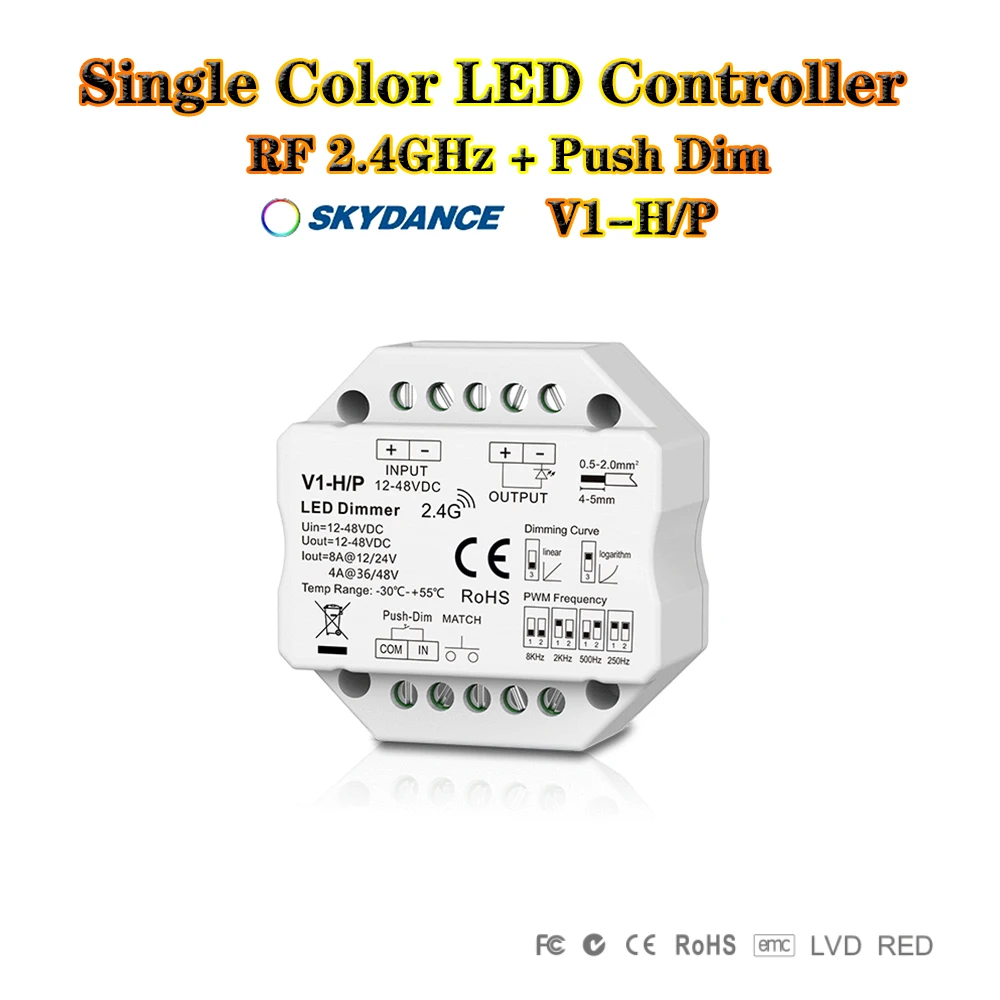

Skydance V1-H/P DC12-48V 2,4 ГГцRF + Push Dim 0-100% ШИМ светодиодный диммер контроллер для одноцветной светодиодной ленты
