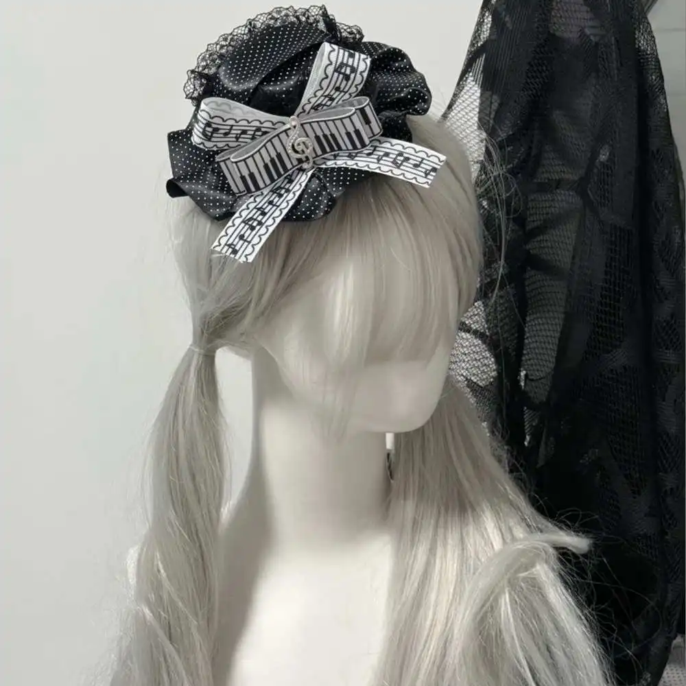 Y2K Original Handmade Gothic Piano Key Notes Lolita Lace Polka Dot Mini Top Hat Hair Clip Accessory
