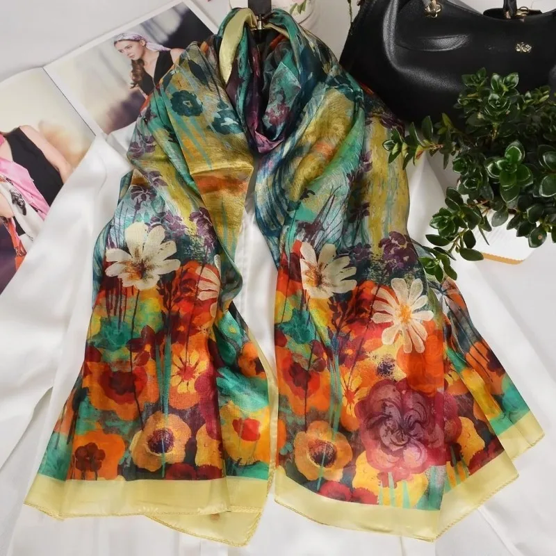 Lightweight Large 100% Mulberry Silk Scarf for Women Oblong Shawl Neck Scarf Beach Wrap Headscarf Gift Pack Orange Floral Print