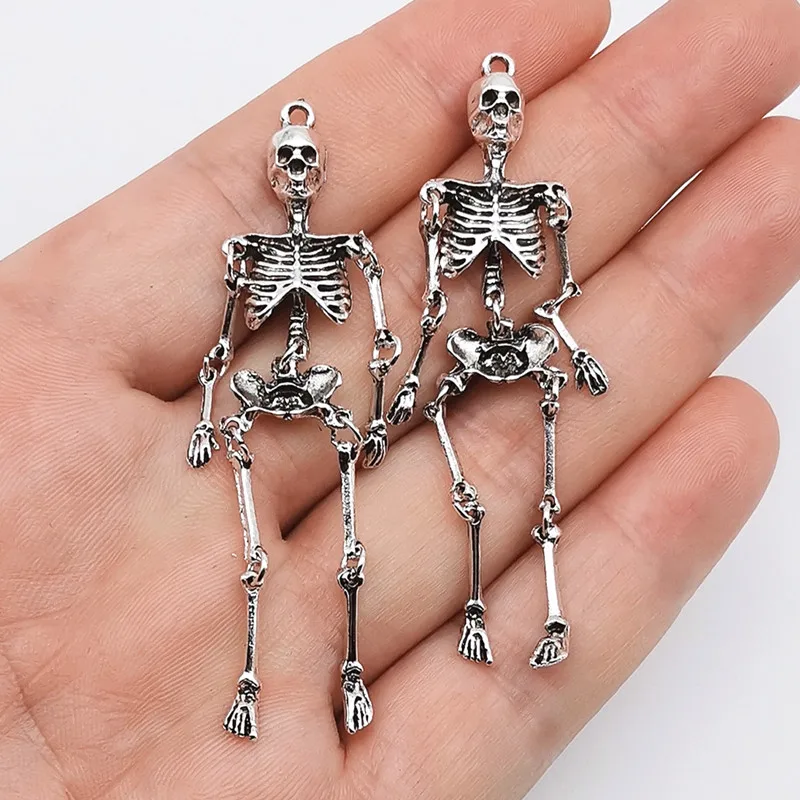 4pcs 72*16mm Zinc Alloy Silver Color Skull Skeleton Man Charms Pendant Designer Charms Fit Jewelry Making DIY Jewelry Findings