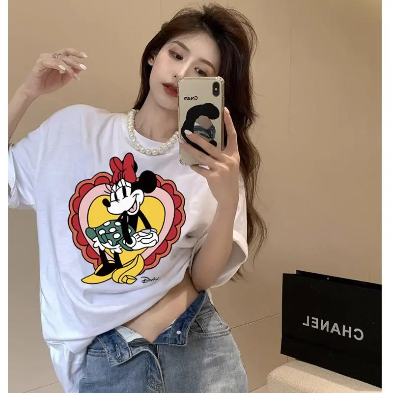 

Disney Minnie Mouse Graphic T-Shirt Women's Fashion Casual Tee with Heart Print and Pearl Necklace Styling​ Plus Size