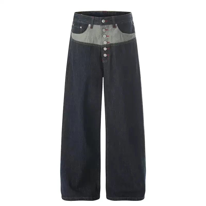 

Джинсы унисекс в американском стиле с пуговицами и дизайнерскими вставками, высококачественные, повседневные, модные, синие, свободные, широкие, с эффектом потертости