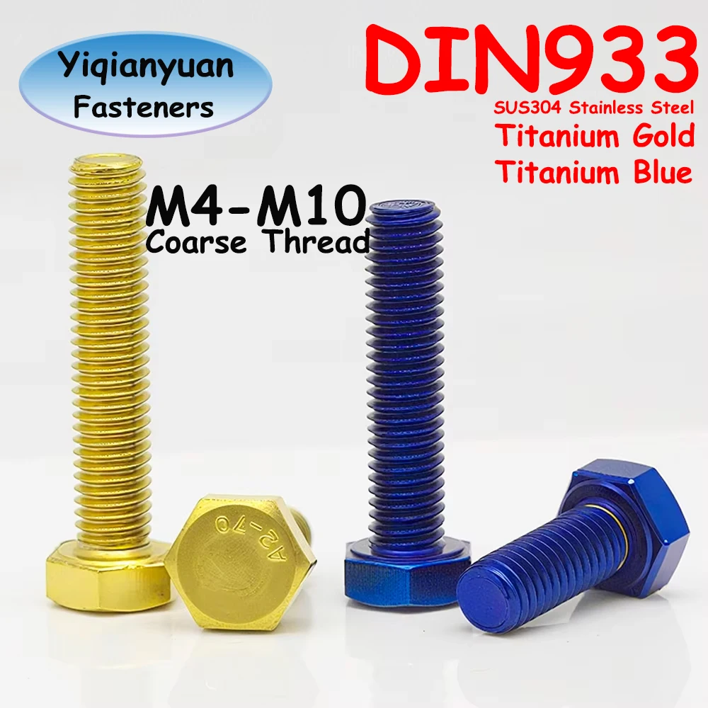 Yiqianyuan M4 M5 M6 M8 M10 DIN933 Hexagon Screws SUS304 Stainless Steel Blue And Gold Plated Hex Bolts