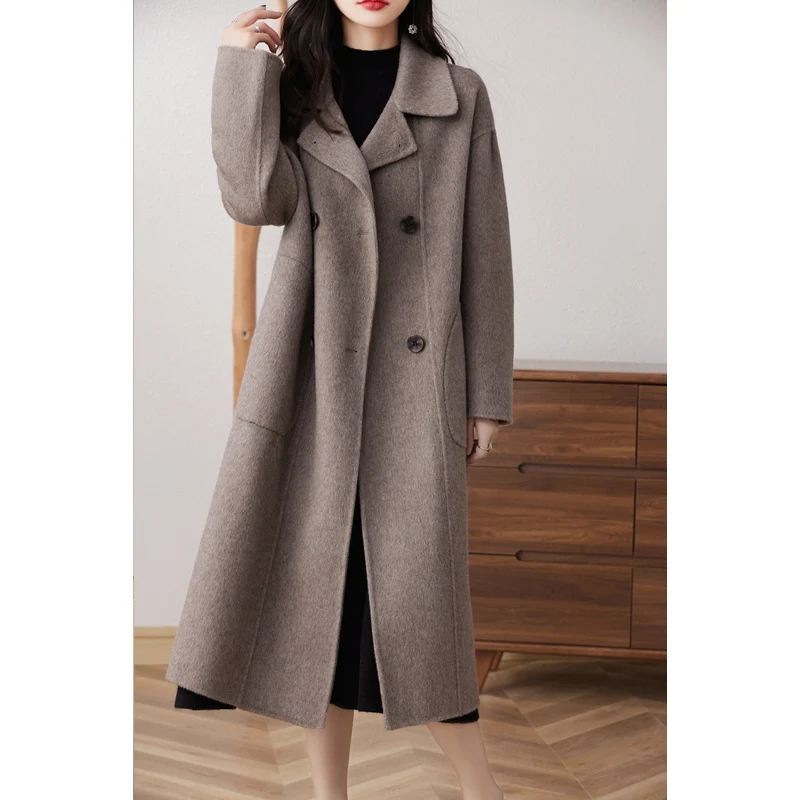 

Women's High-End Double-Sided Cashmere Coat, Mid-length, Over-the-Knee, Double-Breasted, 100% Pure Wool