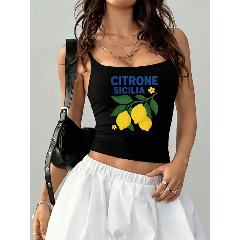 Sicily Lemon Citrone Print Women Spaghetti Top Black Sleeveless Tank Y2K Fruit Graphic Tee Summer Casual Daily Streetwear
